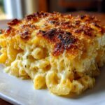 A close-up of a serving of creamy baked mac and cheese with gooey cheese pulls and a dark, crispy topping.