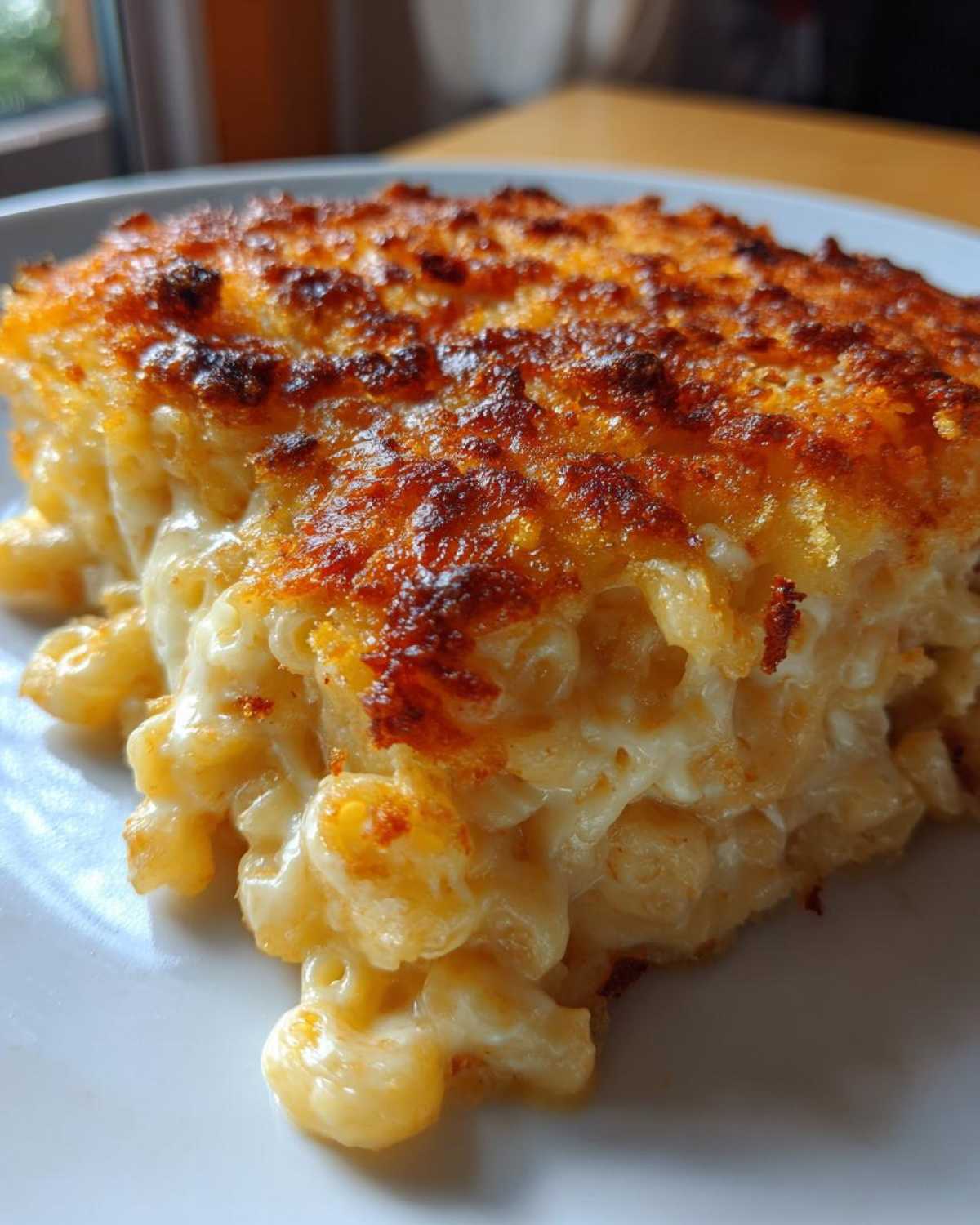Close-up of a rich, creamy slice of baked mac and cheese showing gooey interior and a deeply browned, crispy cheese crust.