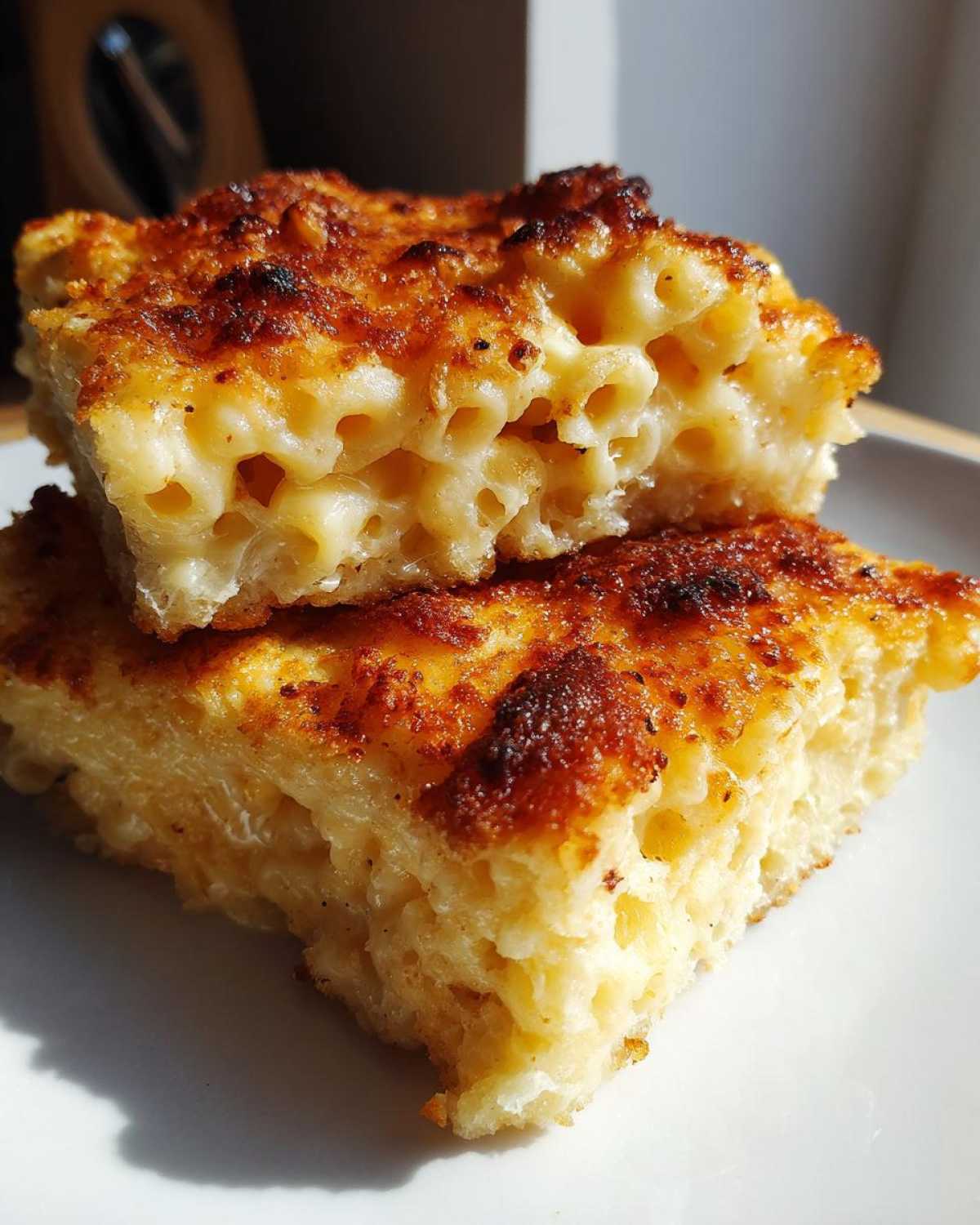 Two squares of creamy baked mac and cheese stacked, showing the rich, cheesy interior and a deeply browned, crispy crust.