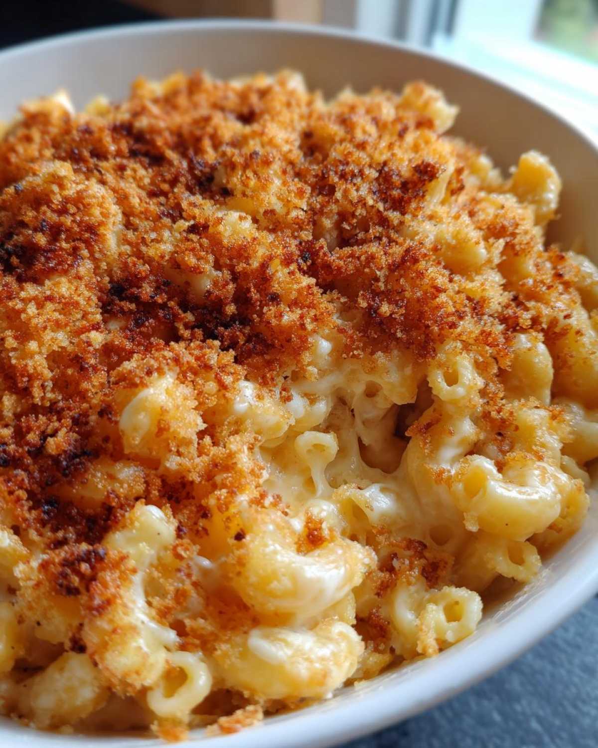 Close-up of creamy baked mac and cheese in a white bowl, featuring a golden, crispy breadcrumb topping.