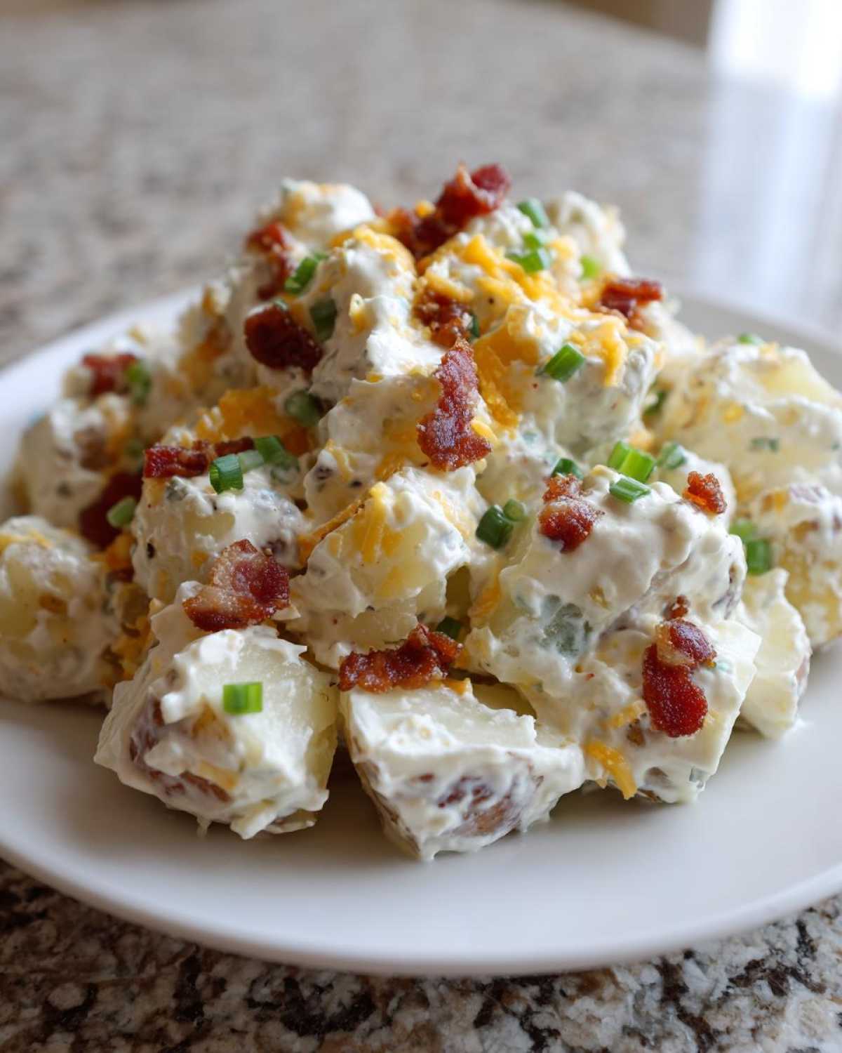 A close-up of creamy baked potato salad topped with bacon bits, shredded cheddar cheese, and chives.