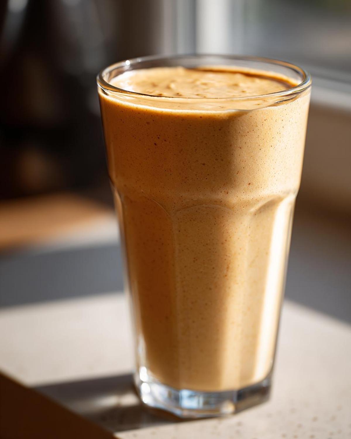 A tall glass filled with a thick, creamy banana smoothie, catching bright sunlight.