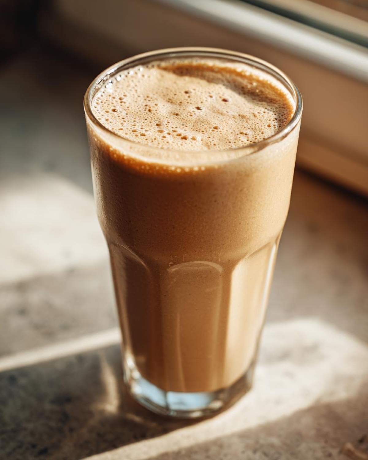 A tall glass filled with a thick, creamy banana smoothie, topped with foam, sitting in sunlight.