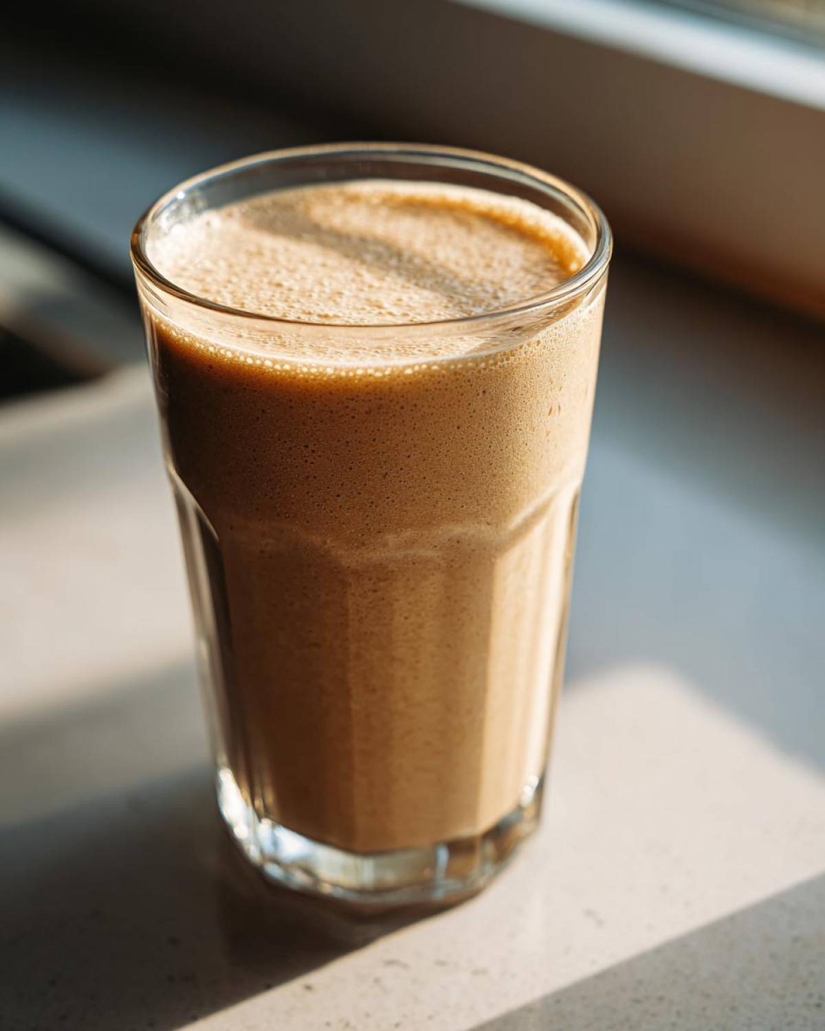 A tall glass filled with a thick, creamy brown banana smoothie, sitting on a light countertop near a window.