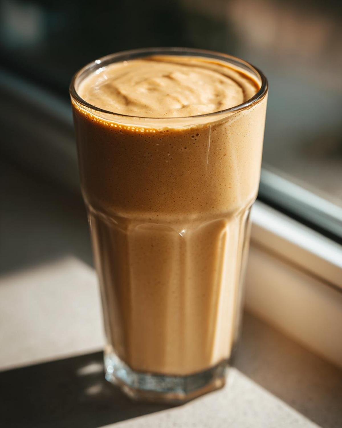 A tall glass filled with a thick, creamy, light brown banana smoothie, sitting on a windowsill in bright sunlight.