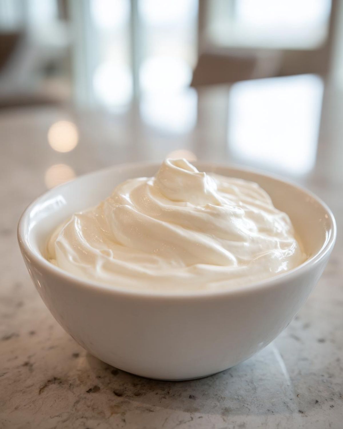A white bowl filled with creamy white sauce, likely the base for a horseradish sauce.