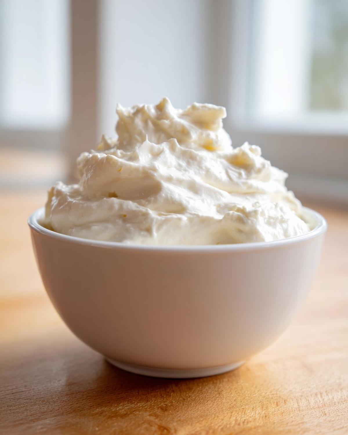 A white bowl filled with a fluffy, creamy white base ingredient for horseradish sauce.