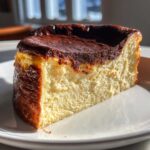 A perfect slice of creamy basque cheesecake featuring a deeply caramelized, almost burnt top crust.