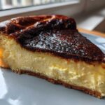 A thick slice of creamy basque cheesecake showing its signature dark, caramelized top and light yellow interior.