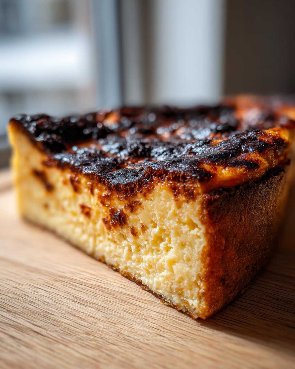 Close-up of a creamy slice of basque cheesecake showing its signature dark, caramelized top.
