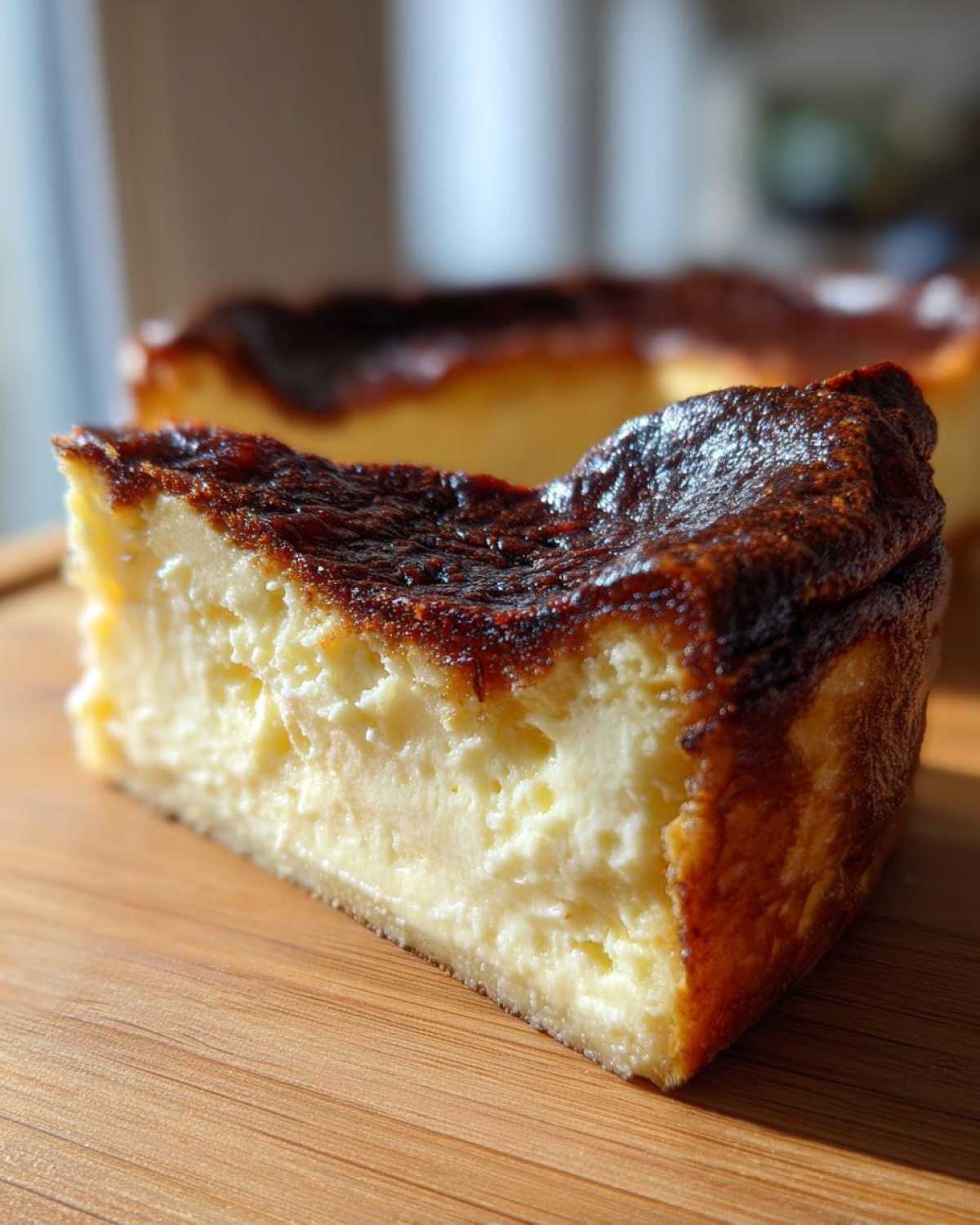A close-up slice of creamy basque cheesecake showing its signature dark, caramelized top and soft interior.