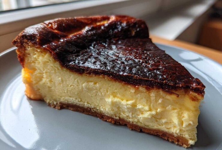 A thick slice of creamy basque cheesecake showing its signature dark, caramelized top and light yellow interior.