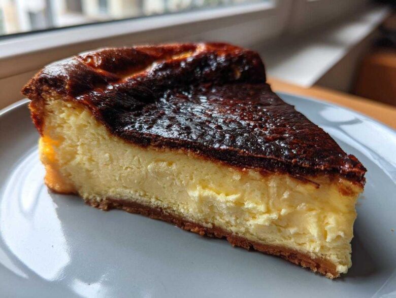A thick slice of creamy basque cheesecake showing its signature dark, caramelized top and light yellow interior.