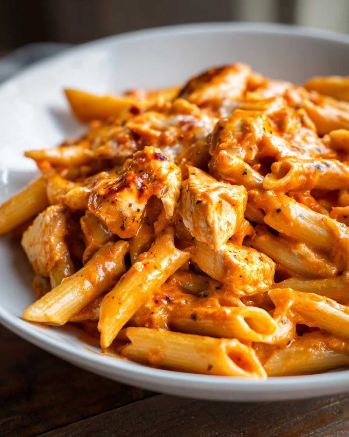 Close-up of creamy chicken enchilada pasta featuring penne noodles coated in a rich orange sauce with chunks of seasoned chicken.