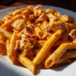 Close-up of creamy, orange-sauced enchilada pasta mixed with chunks of chicken on a white plate.