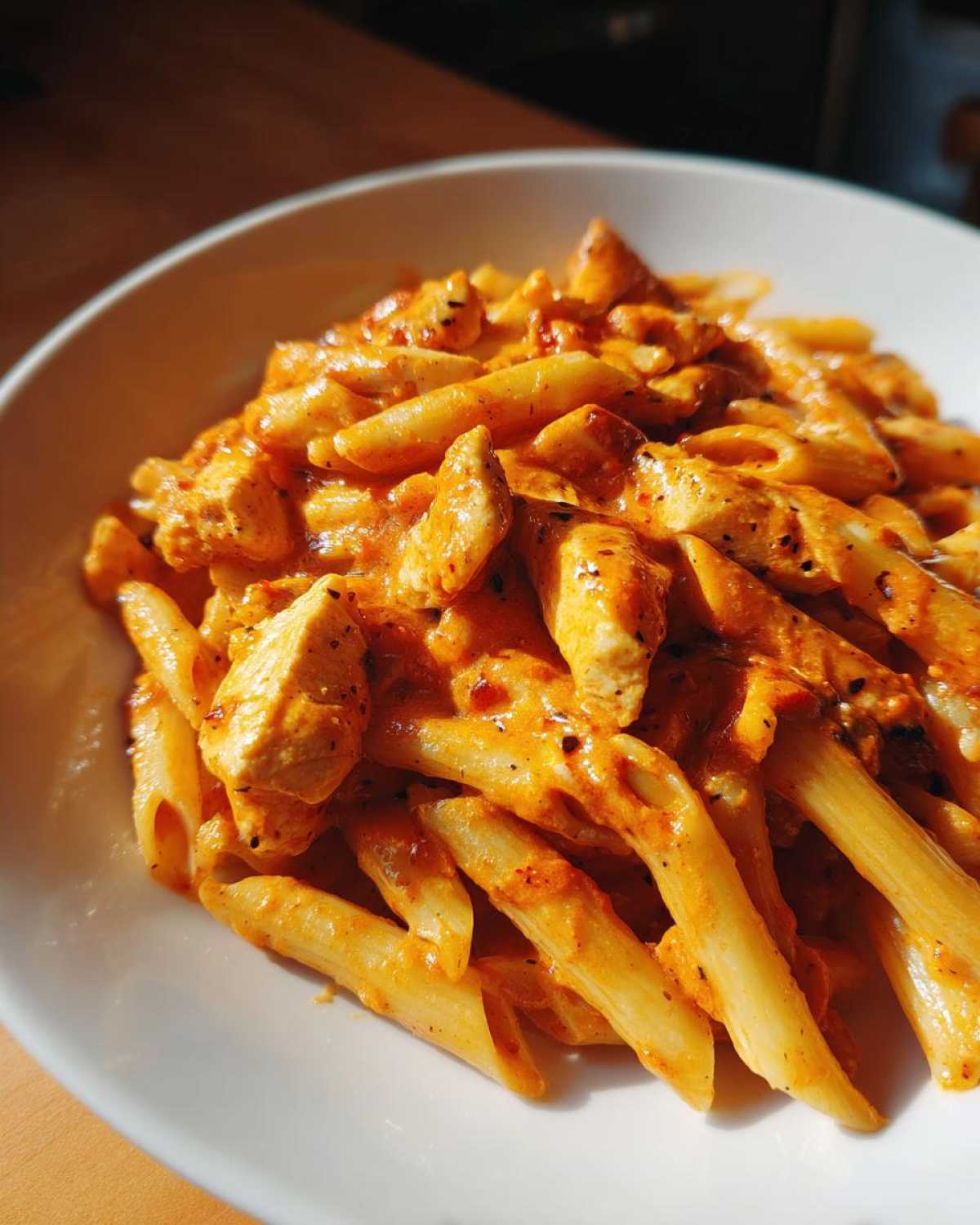Close-up of creamy, orange-sauced enchilada pasta with chunks of chicken served in a white bowl.