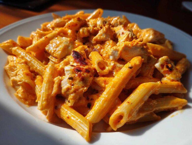 Close-up of creamy, orange-sauced enchilada pasta mixed with chunks of chicken on a white plate.