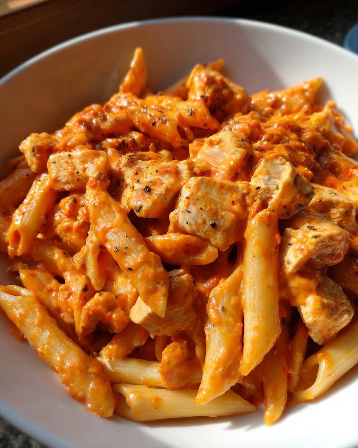 Close-up of penne pasta mixed with chicken chunks in a rich, creamy orange enchilada pasta sauce.