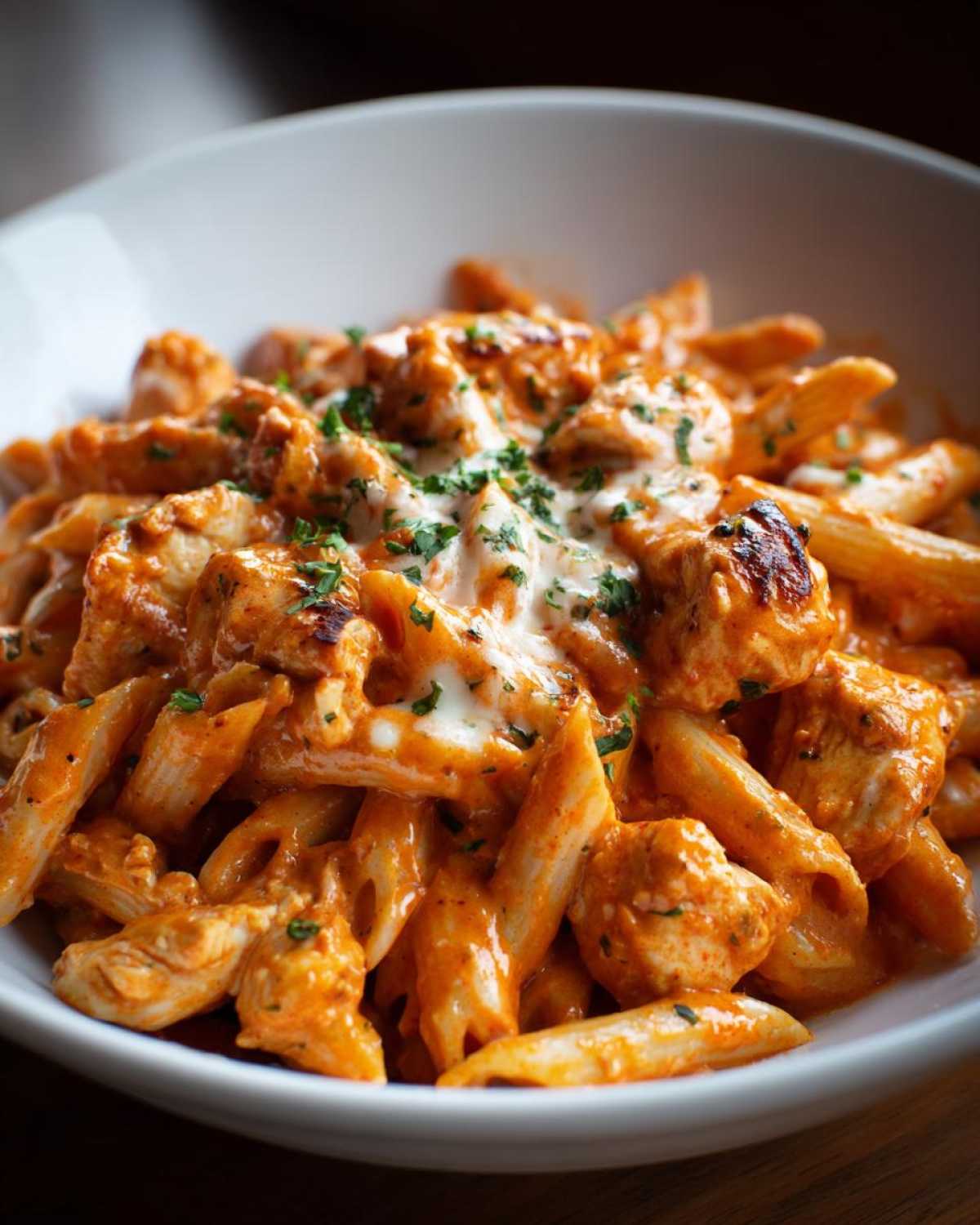 Close-up of a bowl filled with creamy, orange-sauced enchilada pasta mixed with chunks of chicken and topped with melted cheese and parsley.