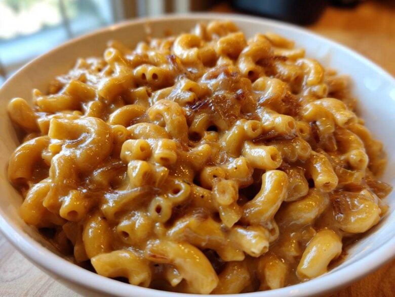 Close-up of creamy french onion pasta made with elbow macaroni and caramelized onions in a white bowl.