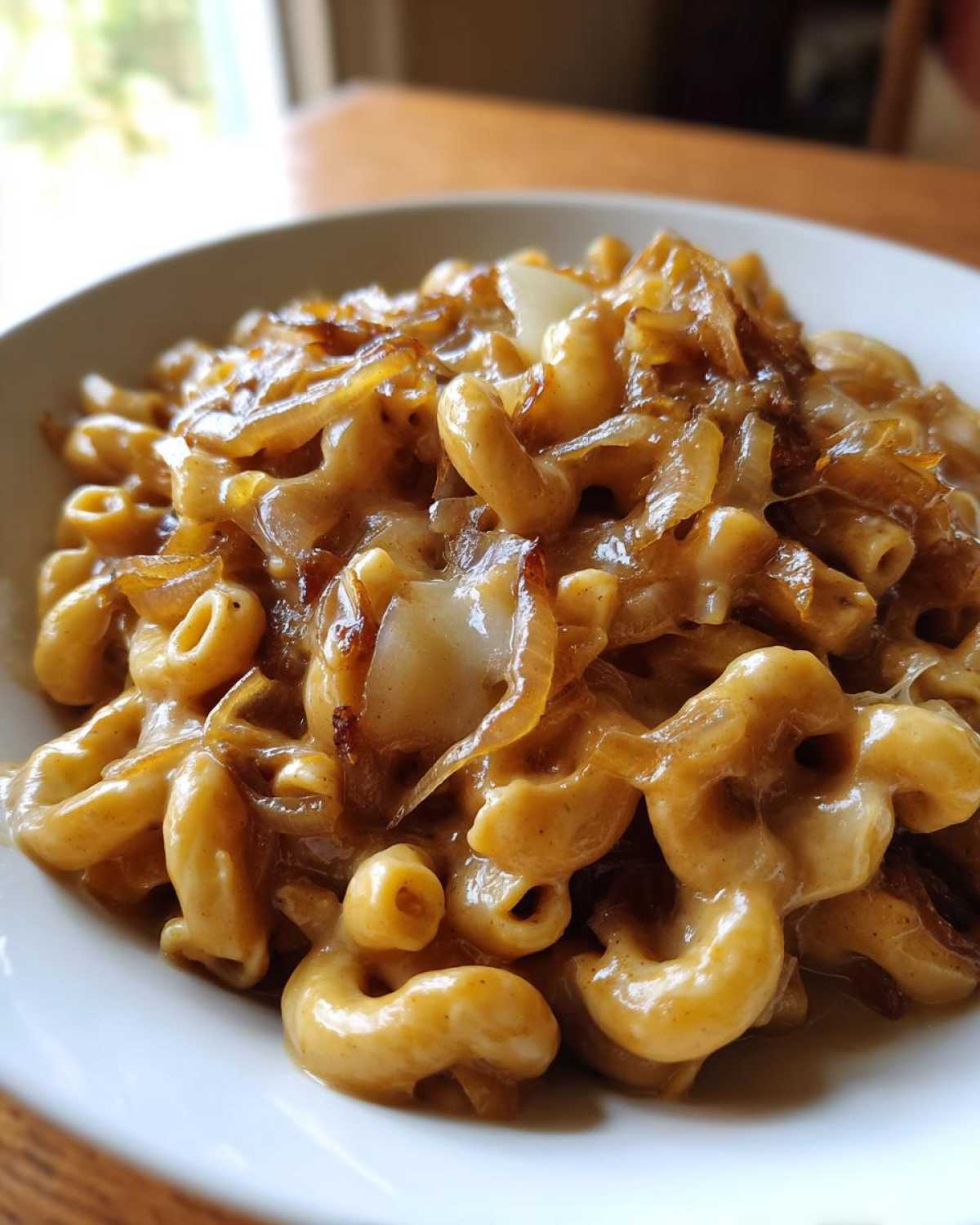 Close-up of creamy french onion pasta featuring elbow macaroni coated in a rich sauce and topped with caramelized onions.