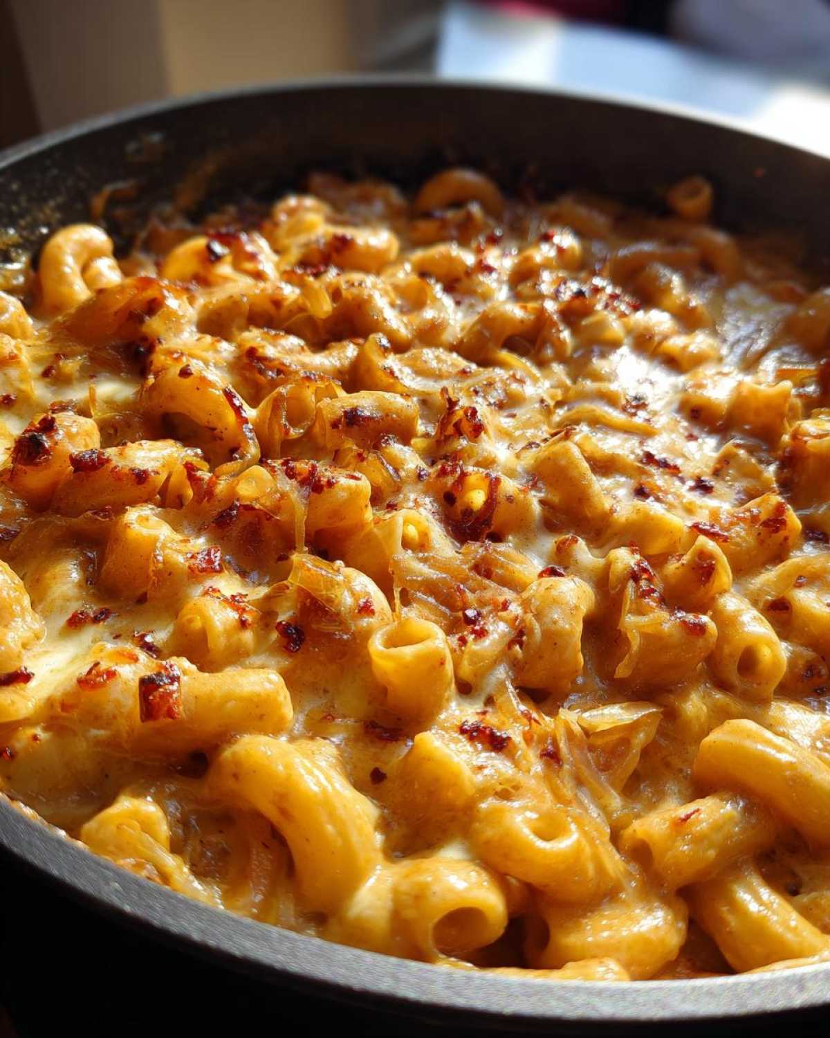 Close-up, appetizing shot of creamy french onion pasta with melted cheese and caramelized onions in a dark skillet.