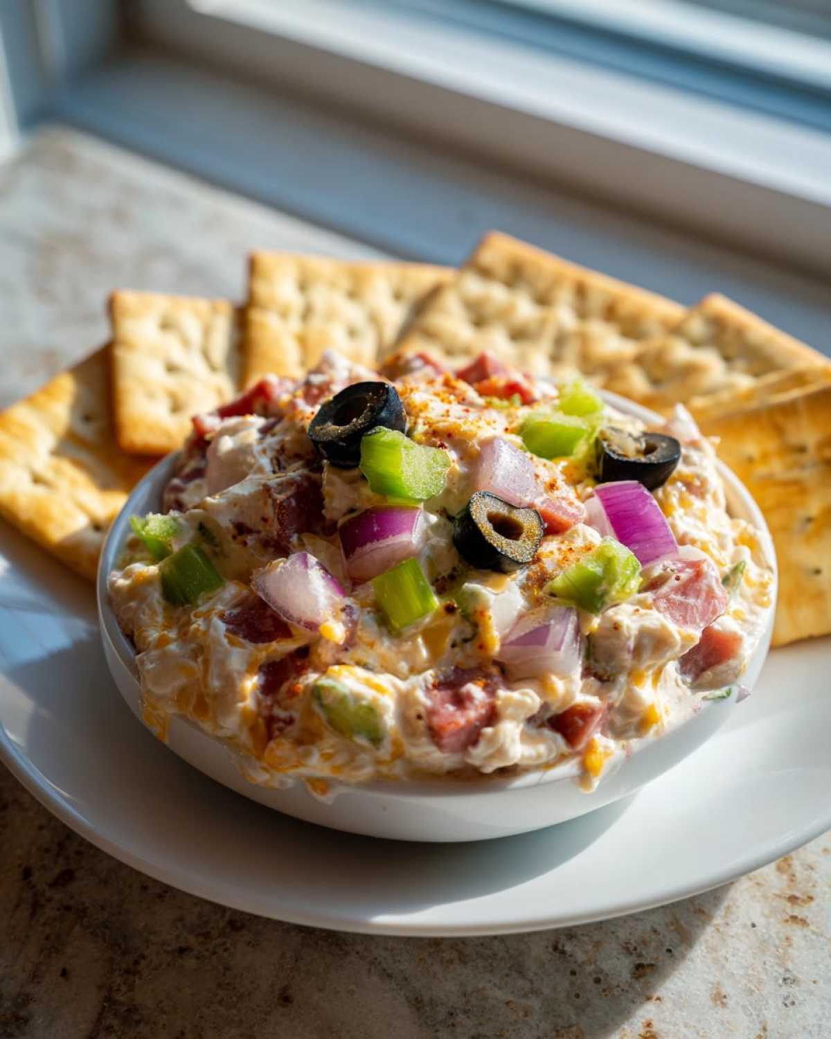 A bowl of creamy hoagie dip topped with black olives, red onion, and green pepper, served with crackers.