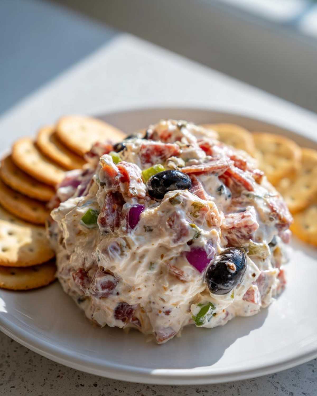 A mound of creamy hoagie dip mixed with meats, olives, and onions, served with round crackers on a white plate.