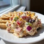 A scoop of creamy hoagie dip loaded with diced vegetables and cheese, served with crackers.