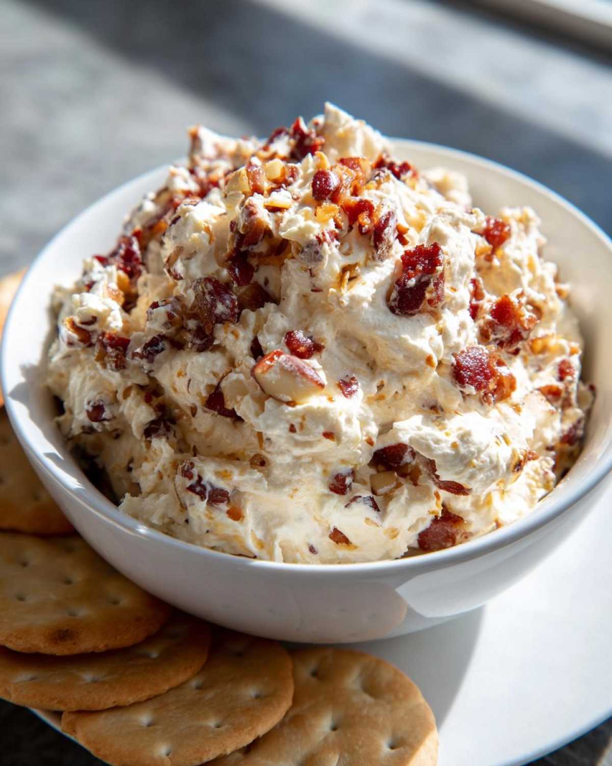 A white bowl filled with creamy Neiman Marcus dip, generously topped with chopped bacon and nuts, served with crackers.
