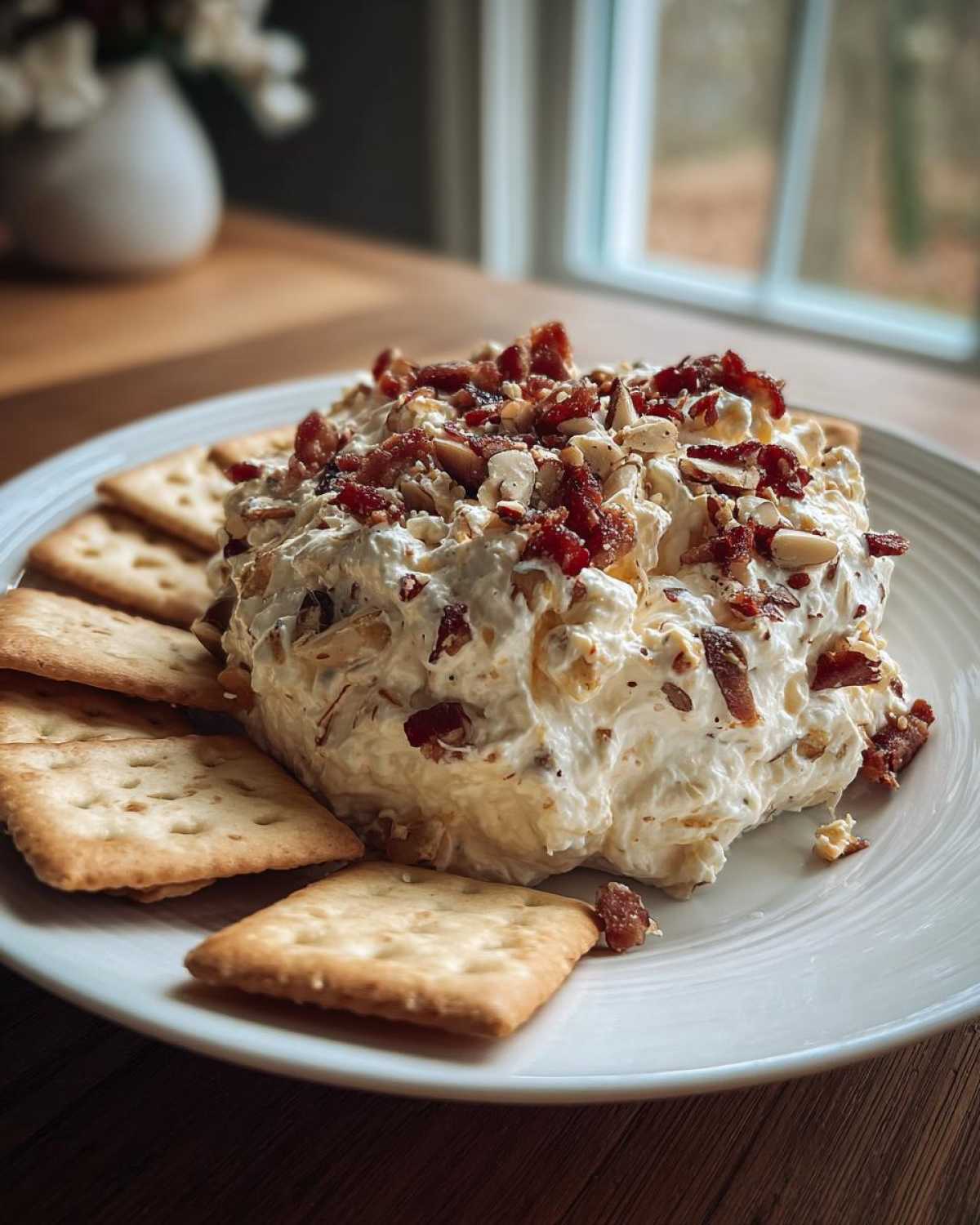 A mound of creamy Neiman Marcus dip topped with bacon bits and chopped nuts, served with crackers on a white plate.