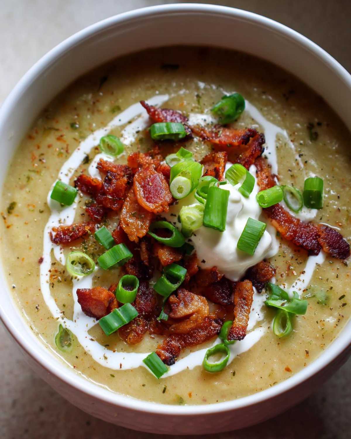 Close-up of a bowl of creamy potato soup recipe garnished with sour cream, crispy bacon bits, and fresh green onions.