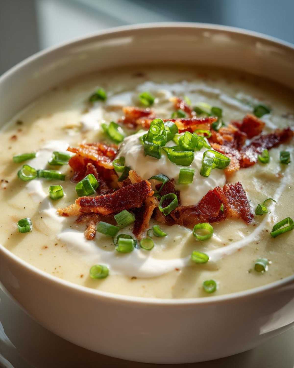 Close-up of a bowl of creamy potato soup recipe garnished with sour cream, crispy bacon bits, and fresh green onions.