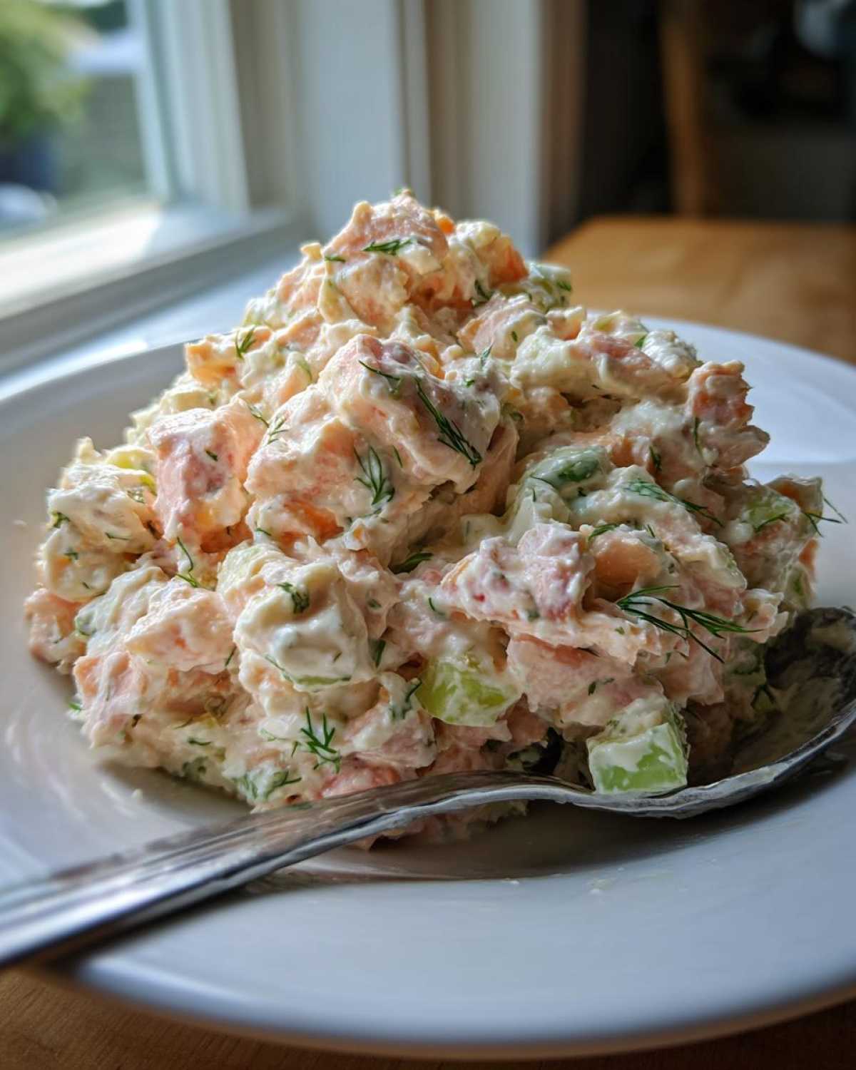 A generous scoop of creamy salmon salad mixed with celery and fresh dill, served on a white plate.