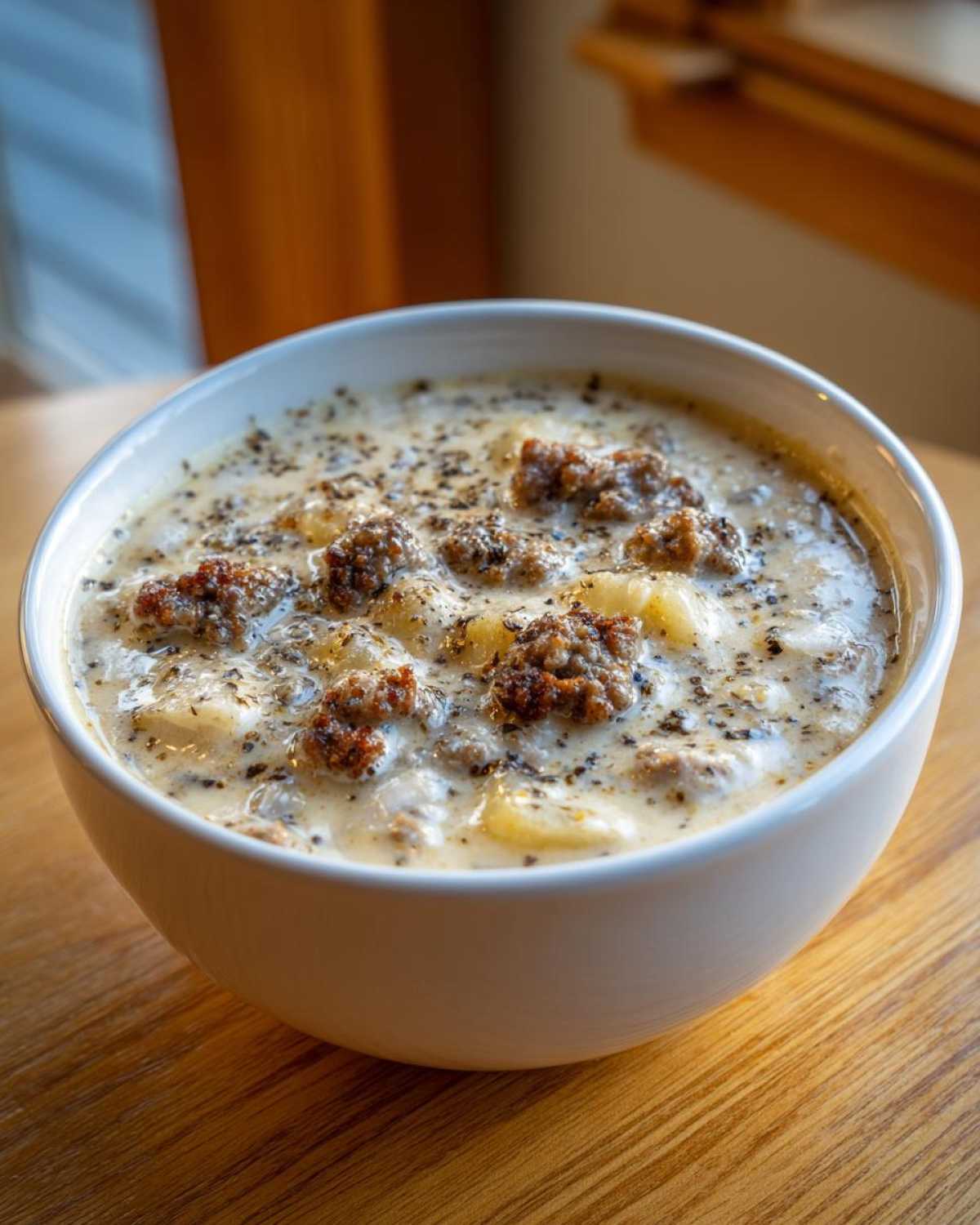 Close-up of a hearty bowl of creamy sausage potato soup, topped with browned sausage crumbles and black pepper.
