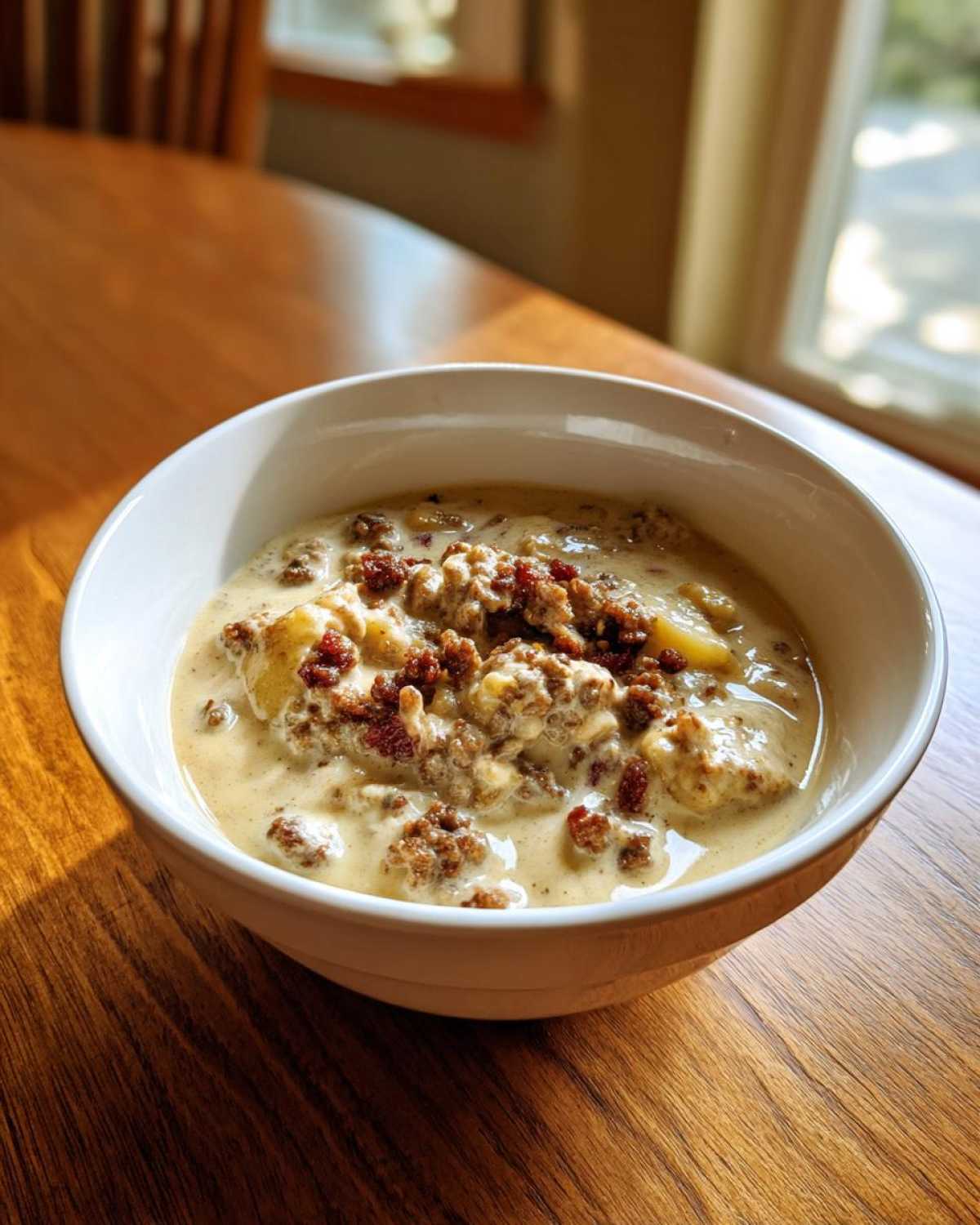 A close-up of creamy sausage potato soup topped with crumbled sausage, served in a white bowl on a wooden table.