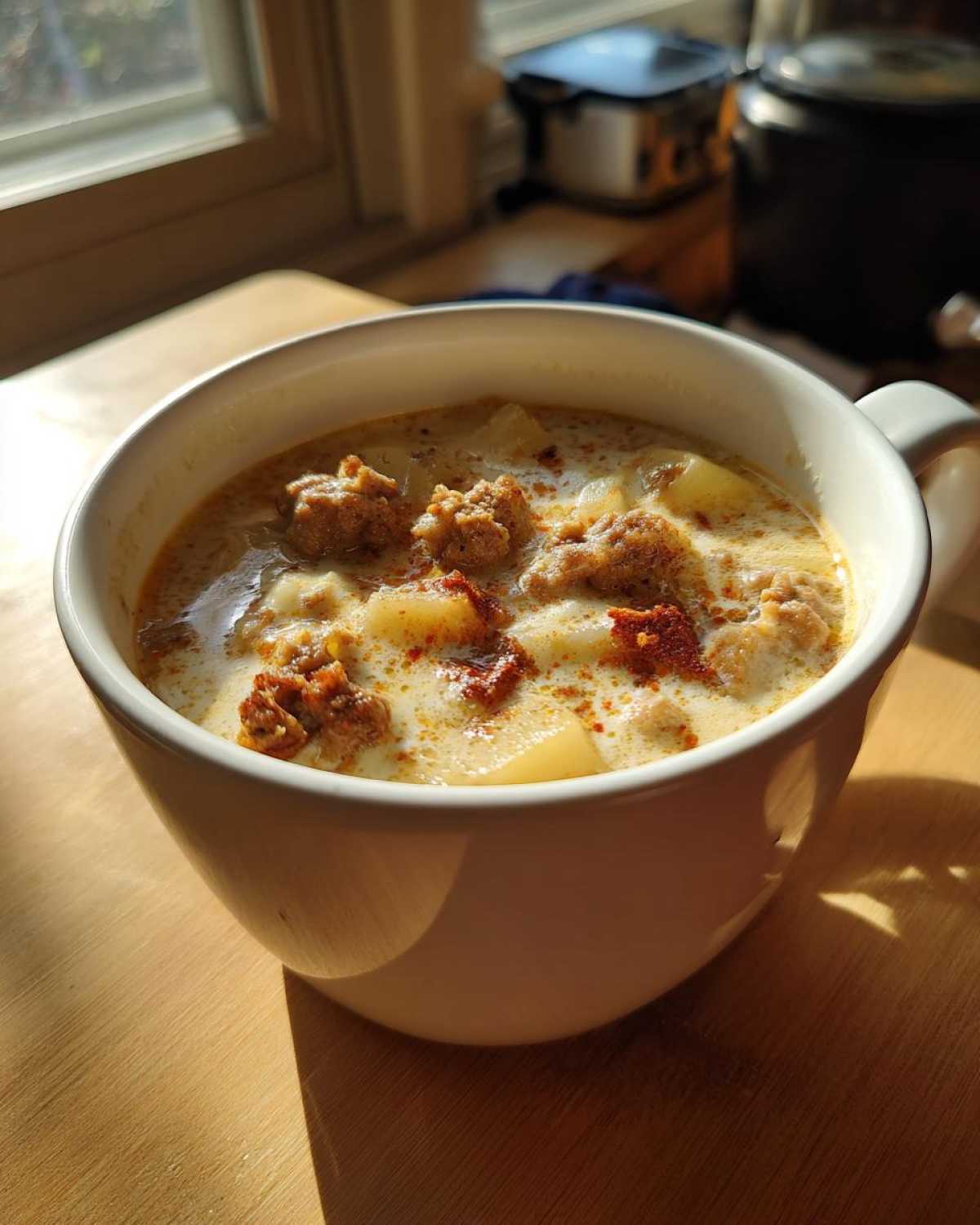 A close-up of creamy sausage potato soup with chunks of sausage and potatoes, served in a white mug.
