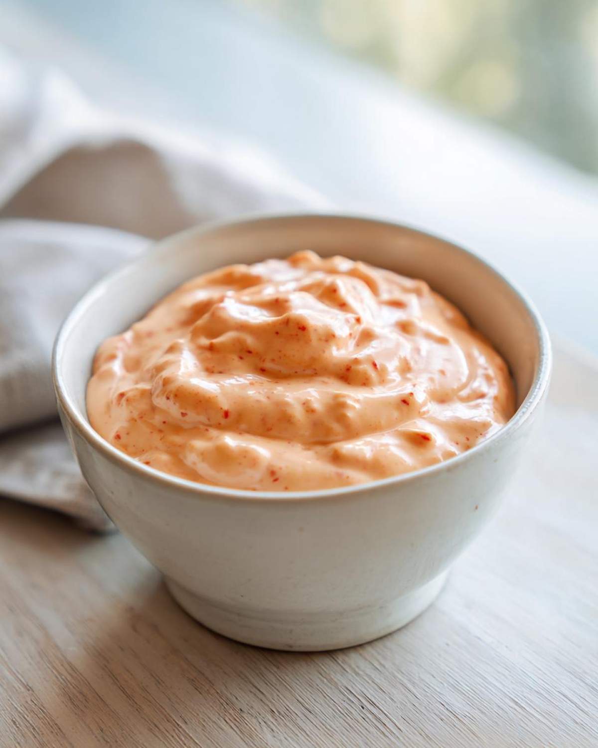 Close-up of creamy, orange-tinted smash burger sauce speckled with red spices in a white bowl.