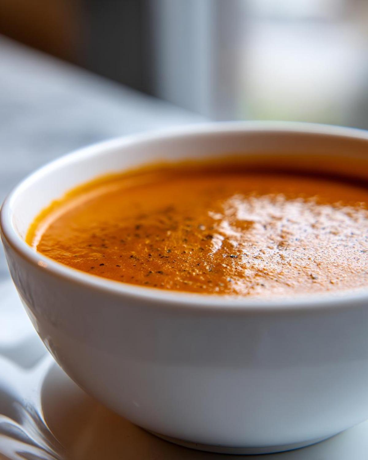 A close-up, macro shot of rich, orange tomato bisque topped with pepper in a white bowl.