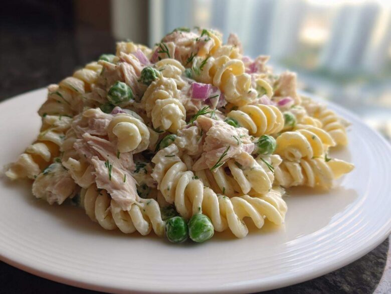 A close-up of creamy tuna pasta salad made with fusilli, peas, and red onion on a white plate.