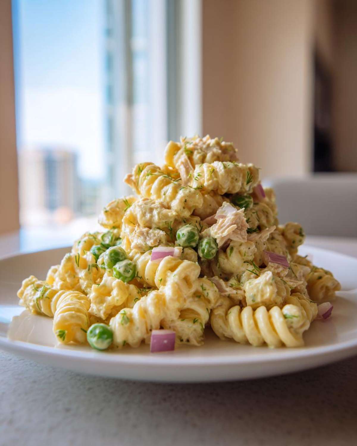 A generous serving of creamy Tuna Pasta Salad featuring rotini pasta, peas, and diced red onion on a white plate.