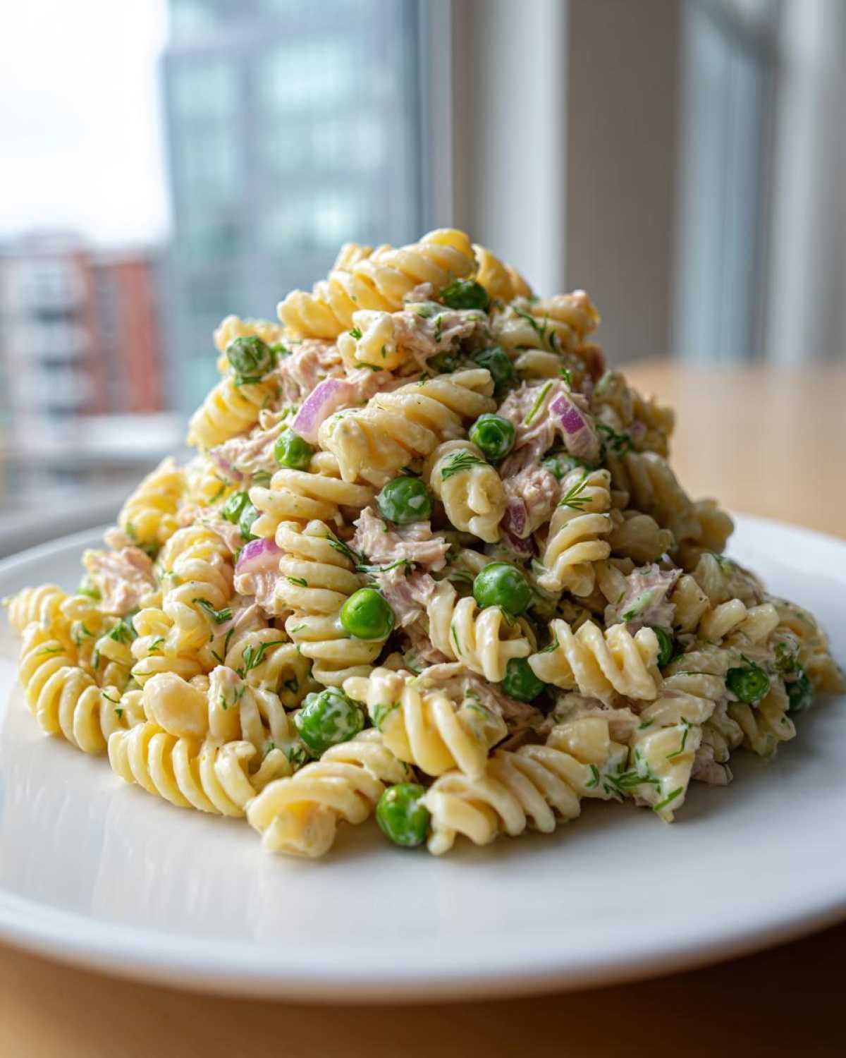 A mound of creamy Tuna Pasta Salad made with rotini pasta, green peas, red onion, and dill on a white plate.