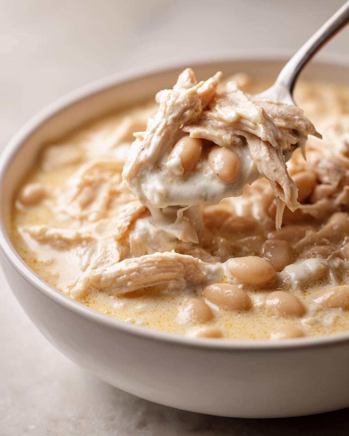 Close-up of a spoonful lifting shredded chicken and white beans from a bowl of creamy white chicken chili.