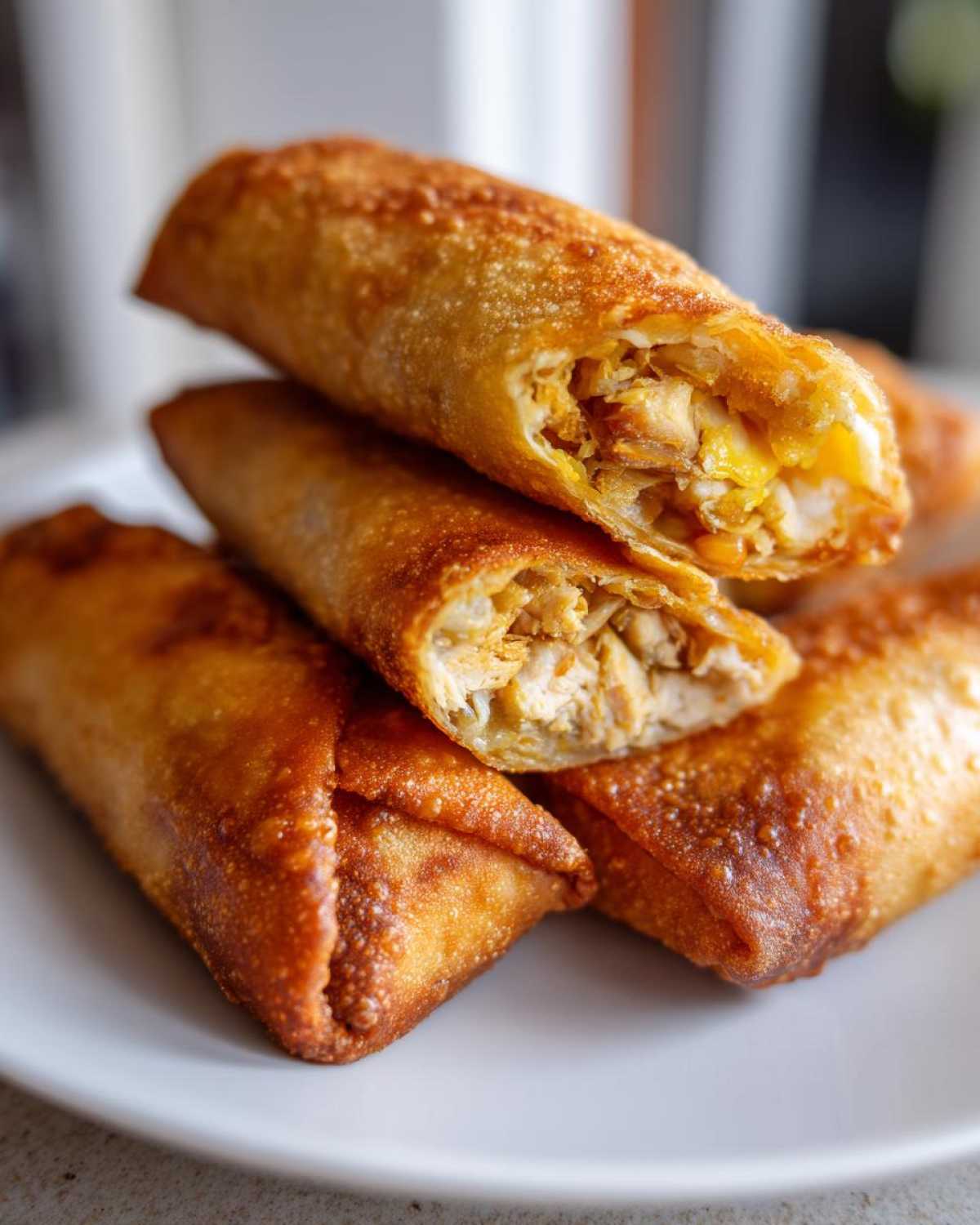 Close-up of crispy, golden brown egg roll pieces stacked, showing the savory chicken filling inside.