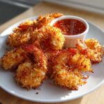 Plate of perfectly golden and crispy coconut shrimp served with a side of sweet chili dipping sauce.