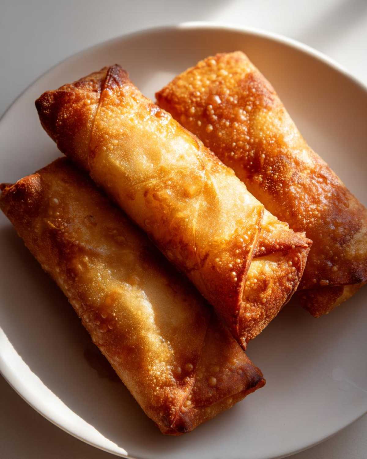 Close-up of three golden brown, crispy fried egg roll appetizers stacked slightly on a white plate.
