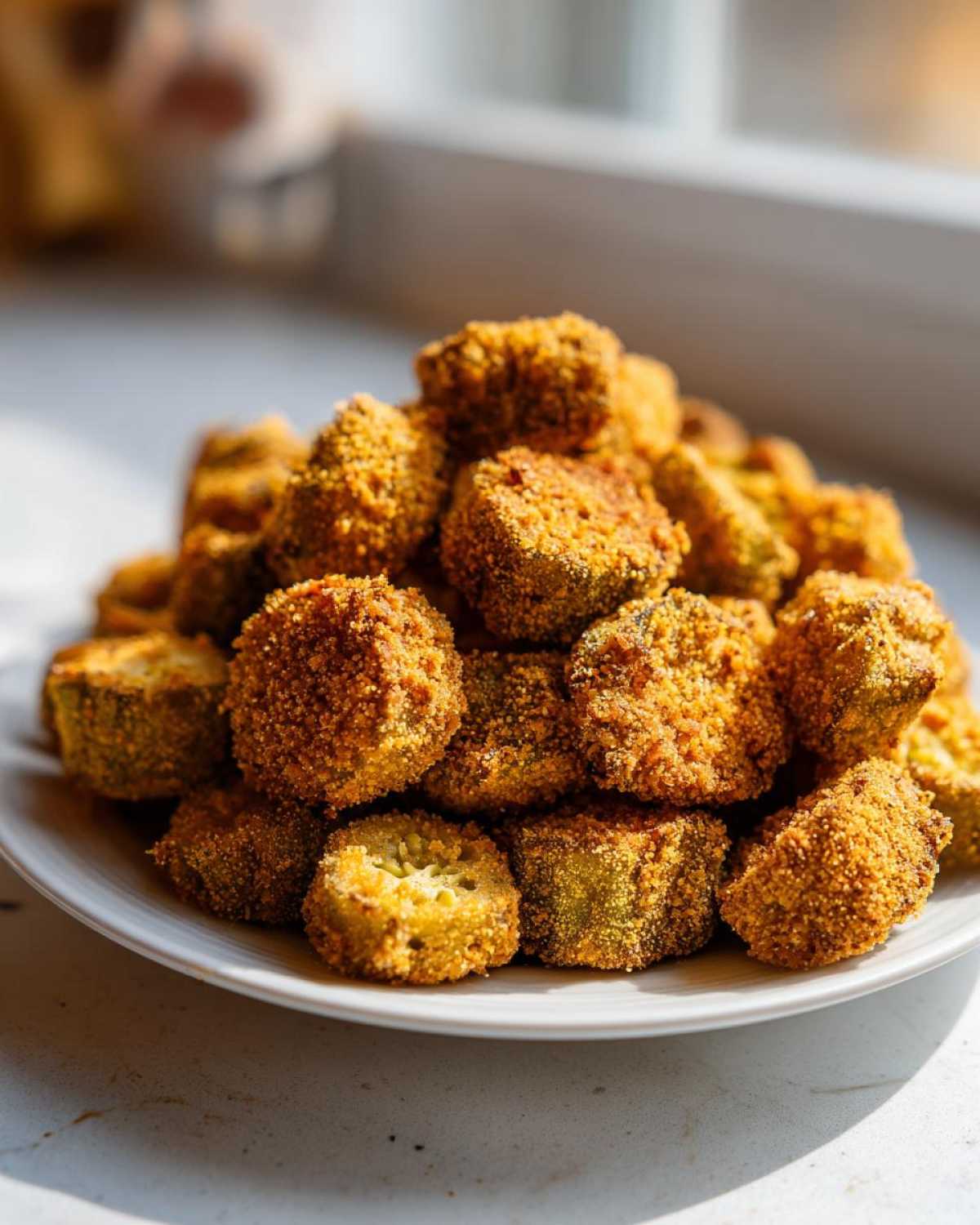 A mound of golden brown, crunchy fried okra pieces piled high on a white plate near a window.