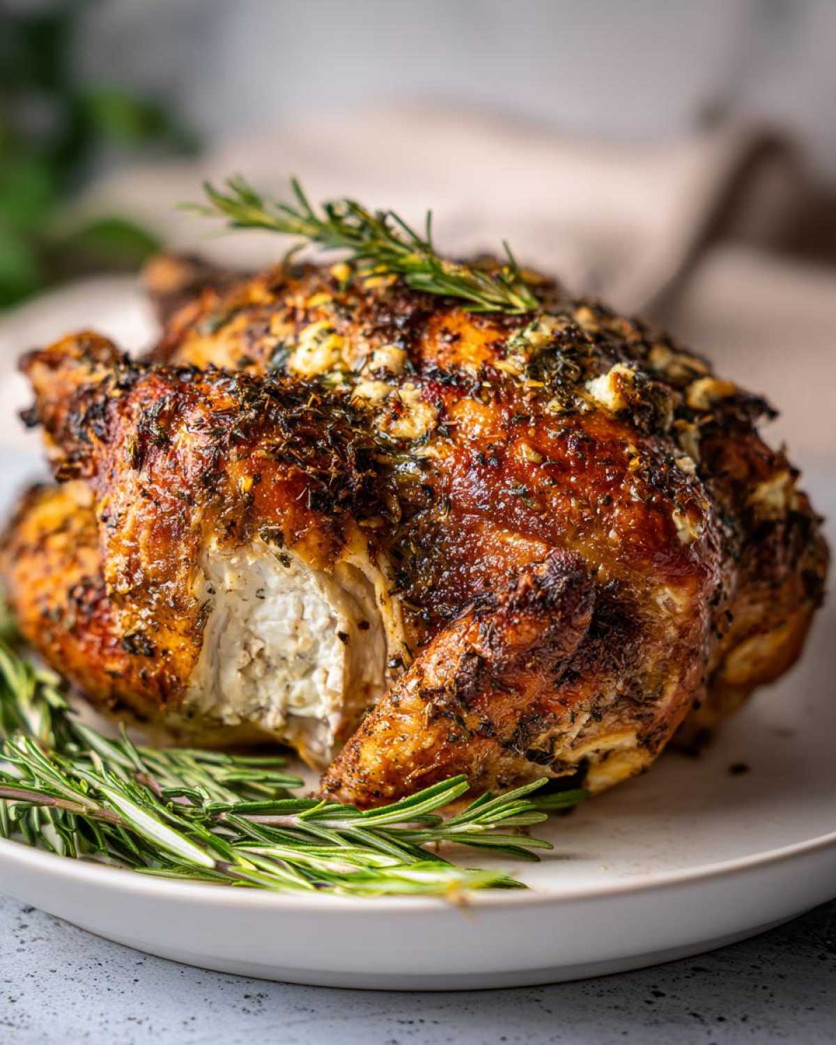 A perfectly roasted spatchcock chicken with crispy, herb-crusted skin, showing a piece removed to reveal white meat.