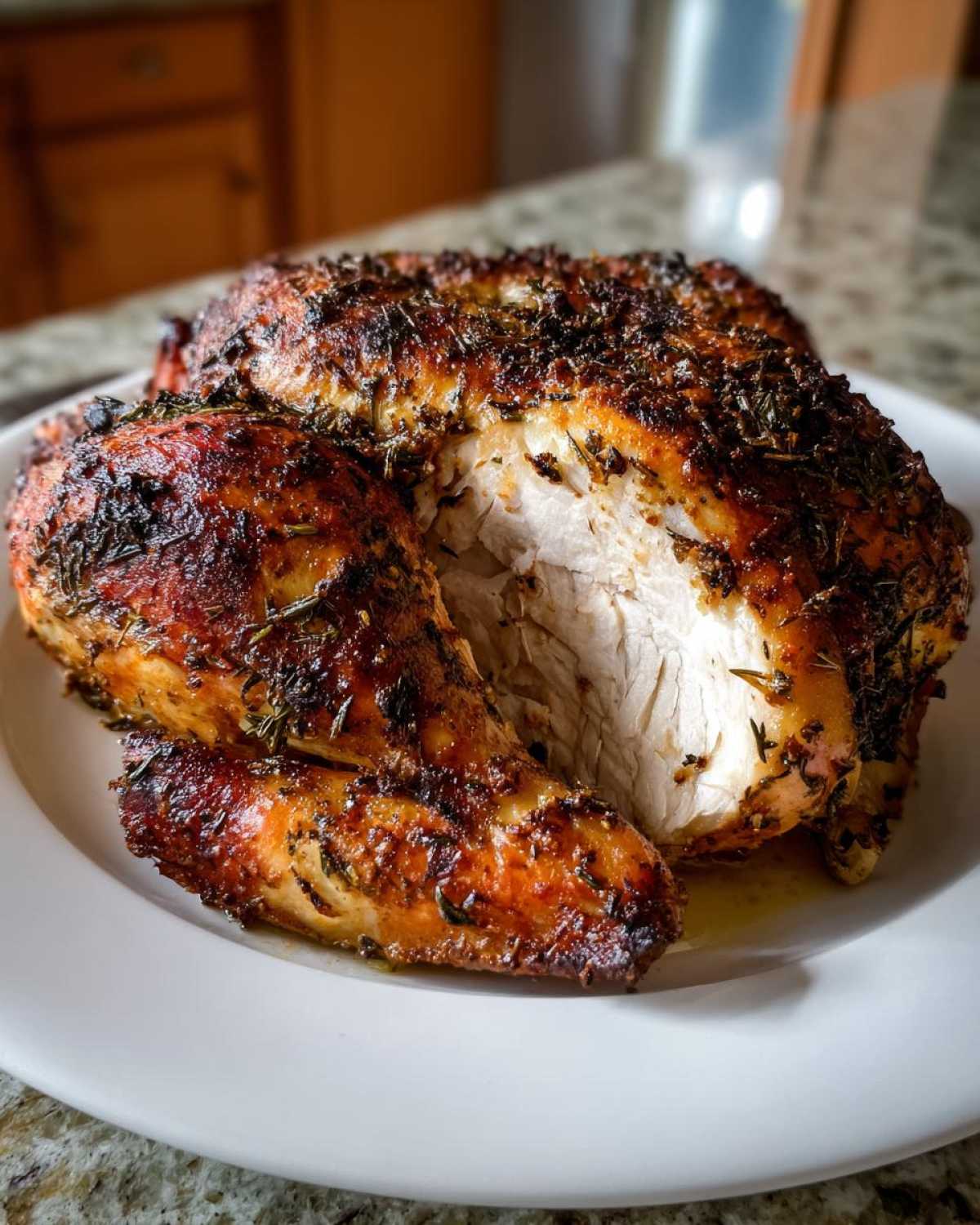 A whole spatchcock chicken, seasoned with herbs, resting on a white plate with a slice cut open showing juicy white meat.