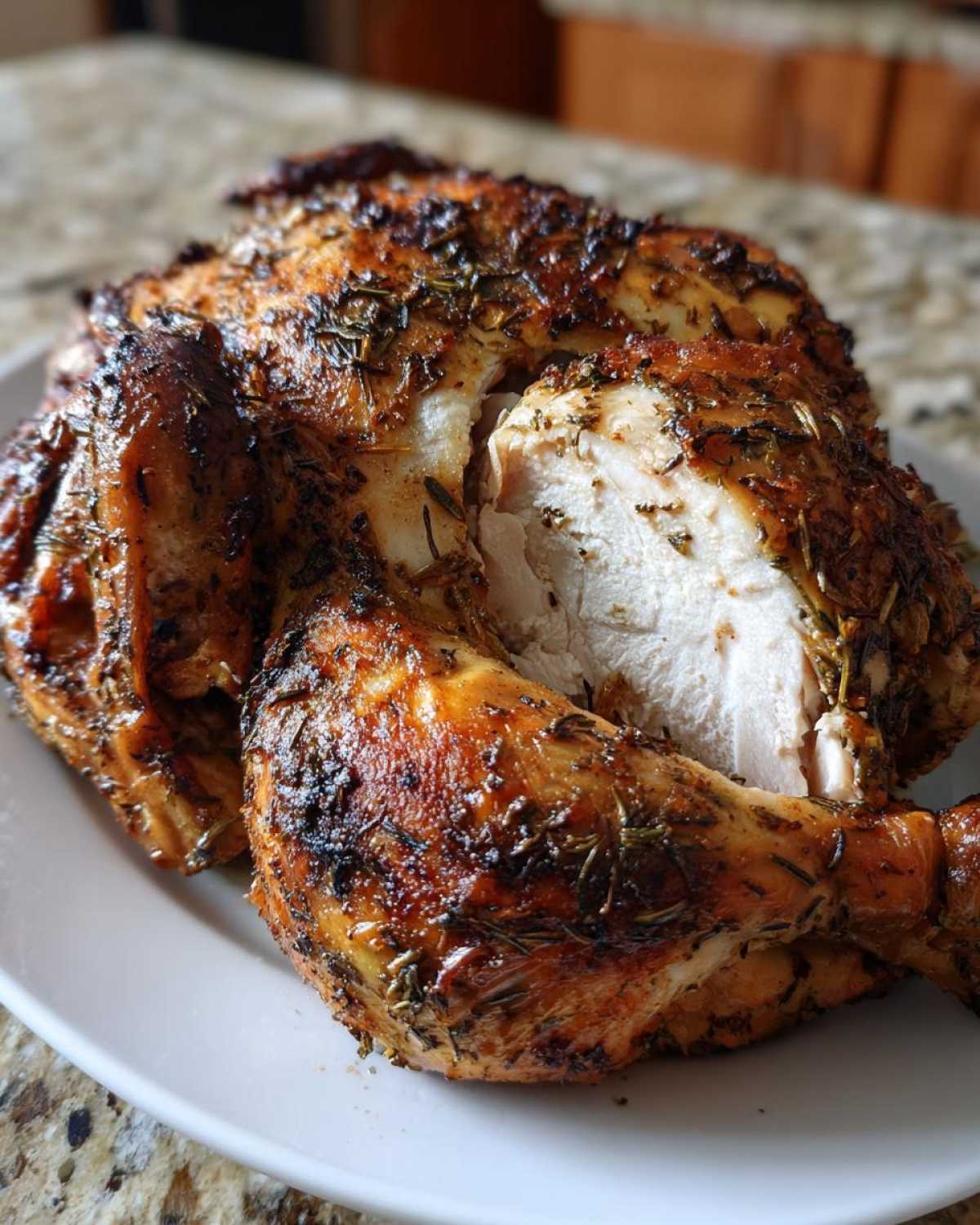 Close-up of a perfectly cooked spatchcock chicken with golden, crispy skin seasoned with herbs, showing a slice cut out revealing white meat.